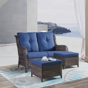 ArcoBay 3-Piece Brown Wicker Outdoor Loveseats Patio Settees with Blue Cushions and Ottomans