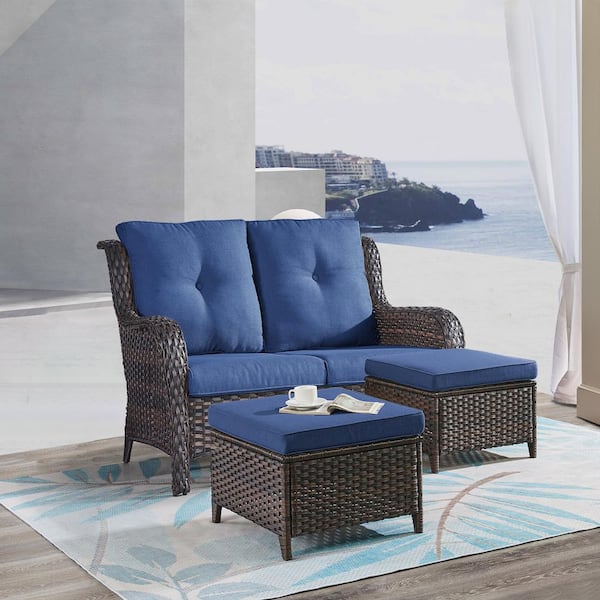 Opohoro ArcoBay 3-Piece Brown Wicker Outdoor Loveseats Patio Settees with Blue Cushions and Ottomans
