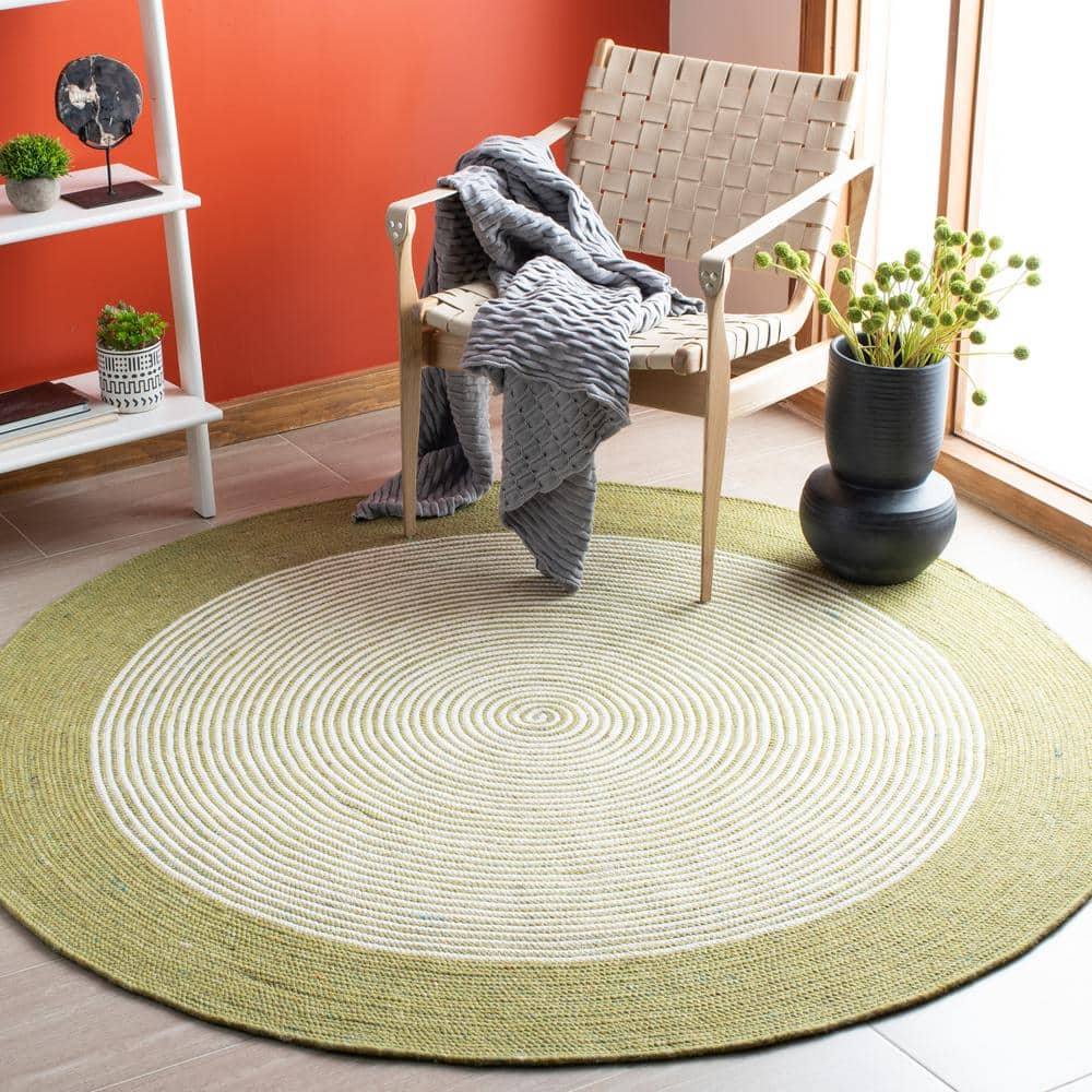 Ivory and Green Braided Wool 3' Round Handmade Rug