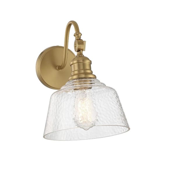 TUXEDO PARK LIGHTING 9 in. W x 11.5 in. H 1-Light Natural Brass Wall Sconce with Clear Adjustable Vintage Glass Shade