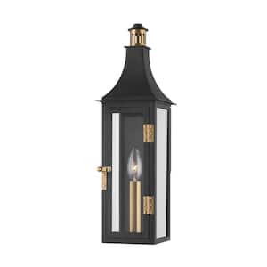 Wes 5.5 in. 1-Light Patina Brass Outdoor Lantern Wall Sconce with Clear Glass Shade