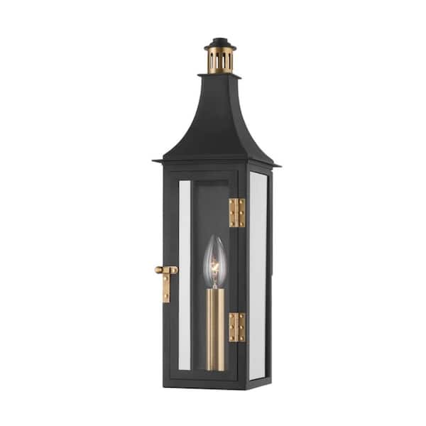 Troy Lighting Wes 5.5 in. 1-Light Patina Brass Outdoor Lantern Wall Sconce with Clear Glass Shade