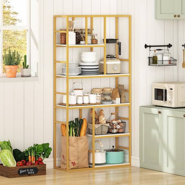 71 in. Tall Gold Wood 5 Tier Tall Bookshelf Bookcase with Open Storage Shelves Frame for Bedroom Office
