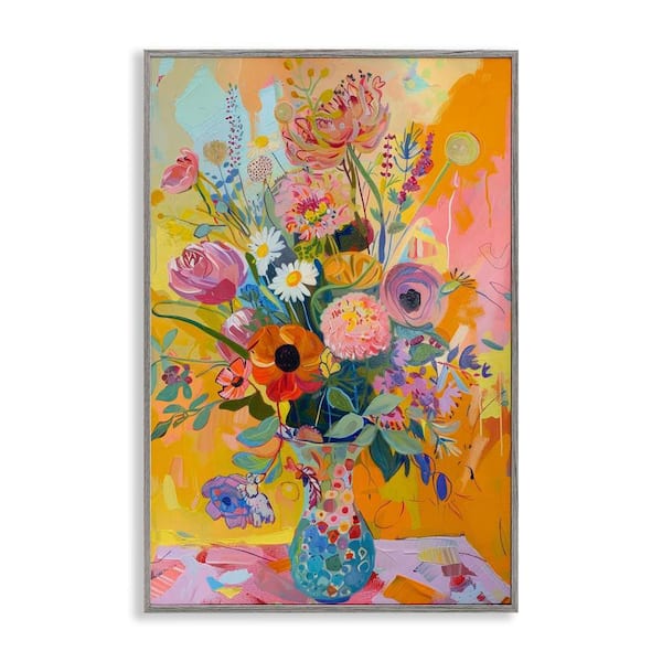 Bright Hued Mod Bouquet by LSR Design Studio Gray Framed Nature Giclee Art Print 18 in. x 12 in.