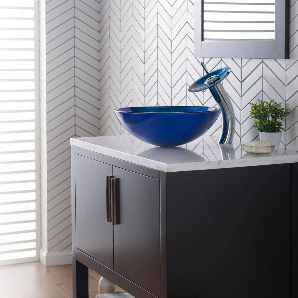 17'' Blue Glass Round Vessel Bathroom Sink