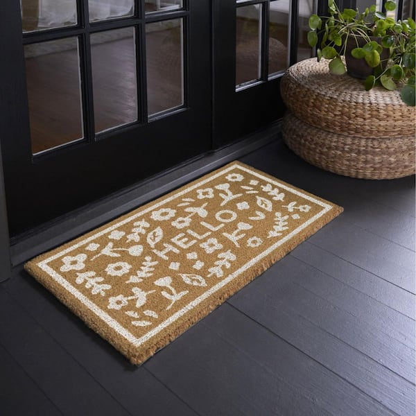 Hello Spring Motif Cream 18 in. x 30 in. Coir Indoor/Outdoor Door Mat