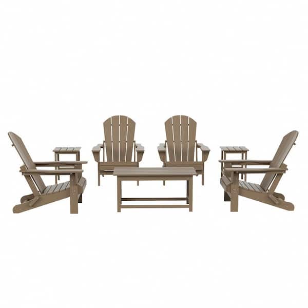 Laguna 7-Piece Fade Resistant Outdoor Patio HDPE Poly Plastic Folding Adirondack Chair Conversation Set in Weatherwood
