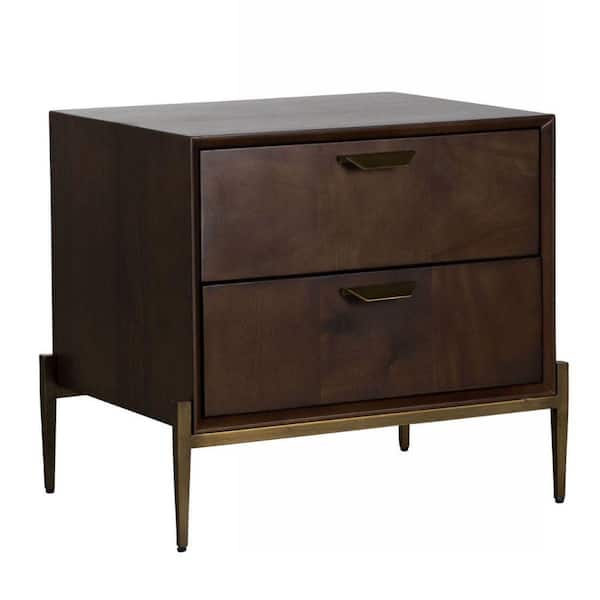 Benjara 24 in. 2-Drawer Brown and Antique Brass Wooden Nightstand