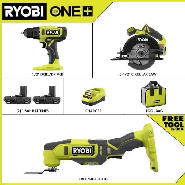 ONE  18V Cordless 2 Tool Combo Kit w/ Drill/Driver, Circular Saw,  Multi Tool, 2  1.5 Ah Batteries, & Charger