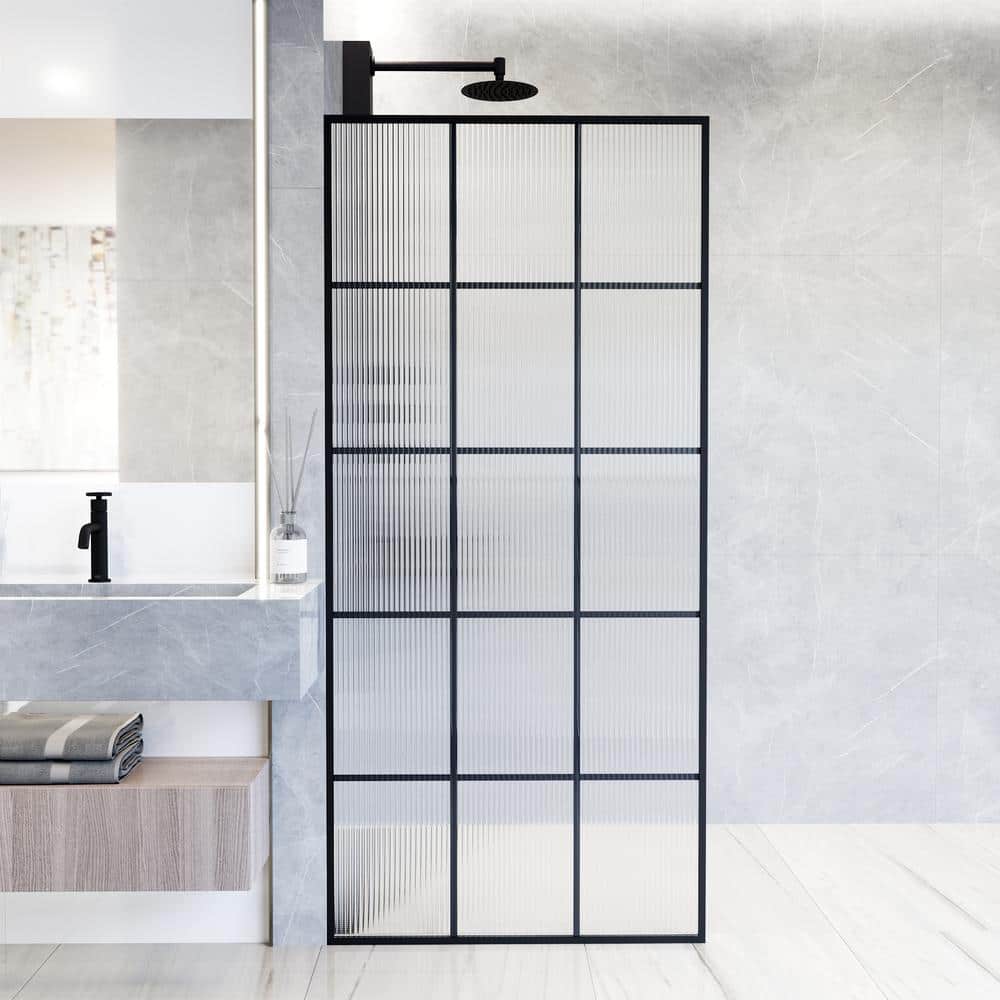 Mosaic Matte Black 34" x 74" Fluted Glass Shower Screen