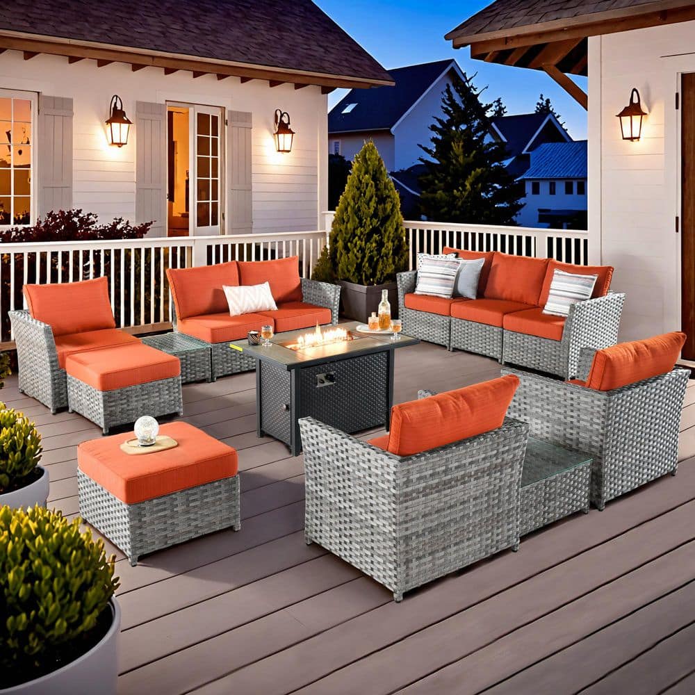 Bella 13-Piece Wicker Patio Rectangle Fire Pit Conversation Set with Orange Cushions price history on PriceWatchPro