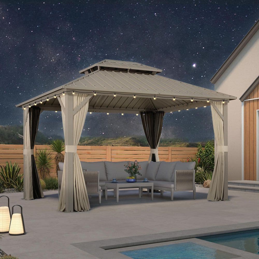 10 ft. x 12 ft. Champagne Aluminum Hardtop Gazebo Canopy with Galvanized Steel Double Roof Curtains and Netting 24-Light price history on PriceWatchPro