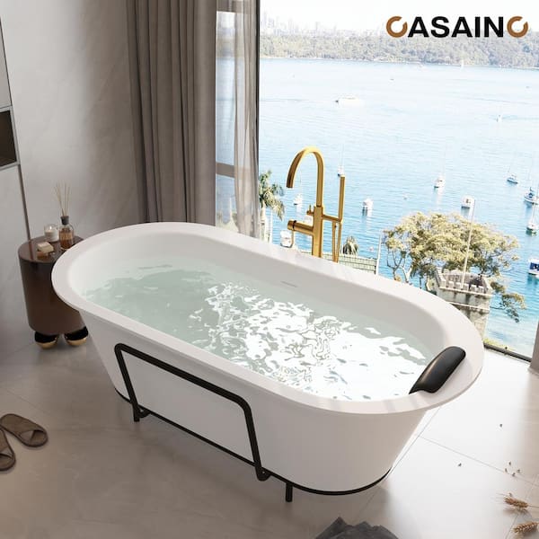 67 in. x 34 in. Solid Surface Stone Free Standing Tub Soaking Bathtub in Matte White with Black Bathtub Pillow