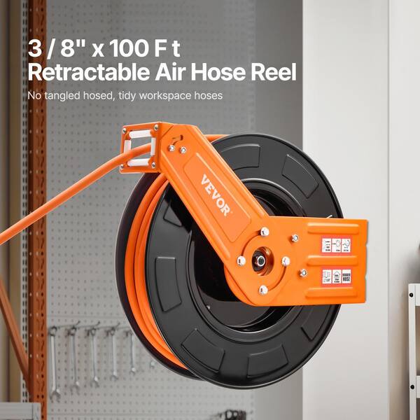 Retractable Air Hose Reel, 3/8 in. x 100 ft. Rubber Air Hose Max 300PSI, Air Compressor Hose Reel Auto-Rewind with 5 ft.