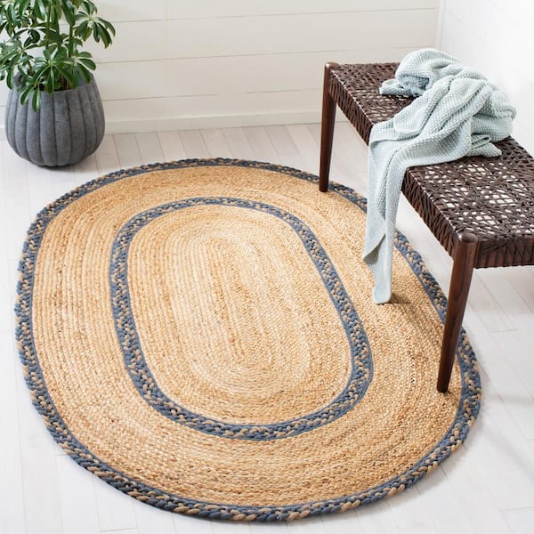 Natural Fiber Beige/Gray 6 ft. x 9 ft. Border Woven Oval Area Rug