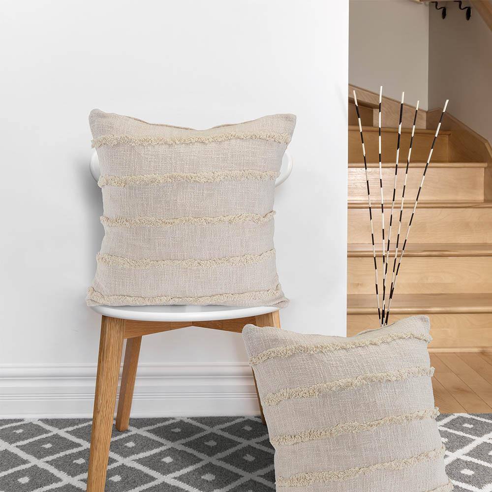 Beige Over-Tufted Fringed 20" Square Throw Pillow