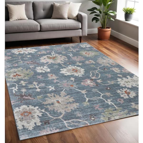 5 ft. x 8 ft. Blue Ivory And Pink Abstract Distressed Area Rug
