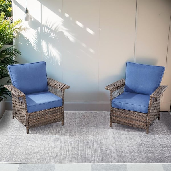 moosprr Porch Brown Wicker Outdoor Lounge Chair with Blue Cushions (2-Pack)