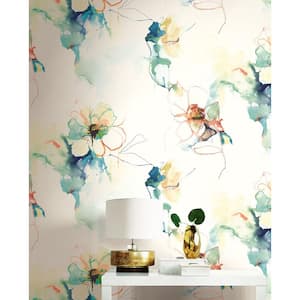 60.75 sq. ft. Turquoise and Persimmon Anemone Watercolor Floral Paper Unpasted Wallpaper Roll