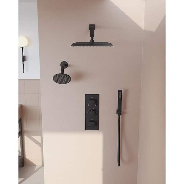 GRANDJOY ZenithRain Shower System 5-Spray 12 and 6 in. Dual Wall Mount Fixed and Handheld Shower Head 2.5 GPM in Matte Black