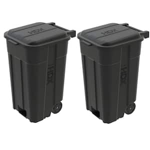 45 Gal. Black Outdoor Vented Trash Can with Wheels, Attached Lid, Rounded Handles, and Reinforced Foothold (2-Pack)