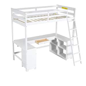 White Twin Size Adjustable Platform Bed with U-Shaped Desk and Storage Shelves