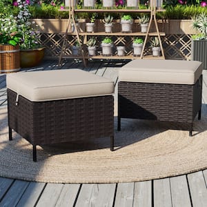Dark Brown Wicker Outdoor Patio Ottoman with Beige Cushions (Set of 2)