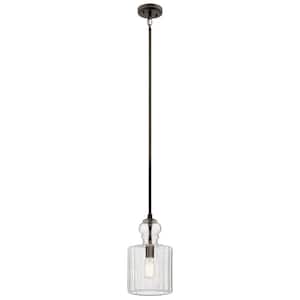 Riviera 13.75 in. 1-Light Olde Bronze Transitional Shaded Kitchen Pendant Hanging Light with Clear Ribbed Glass
