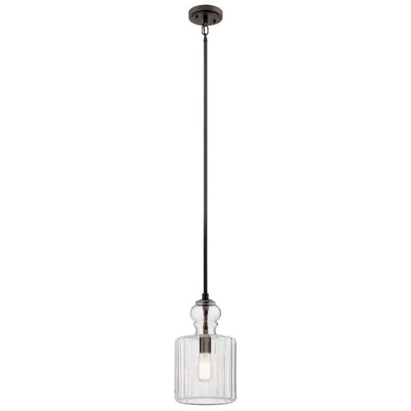 KICHLER Riviera 13.75 in. 1-Light Olde Bronze Transitional Shaded Kitchen Pendant Hanging Light with Clear Ribbed Glass