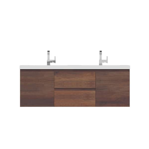 Alya Bath Paterno 60 in. W x 19 in. D Double Wall Mount Bath Vanity in Rosewood with Acrylic Vanity Top in White with White Basin