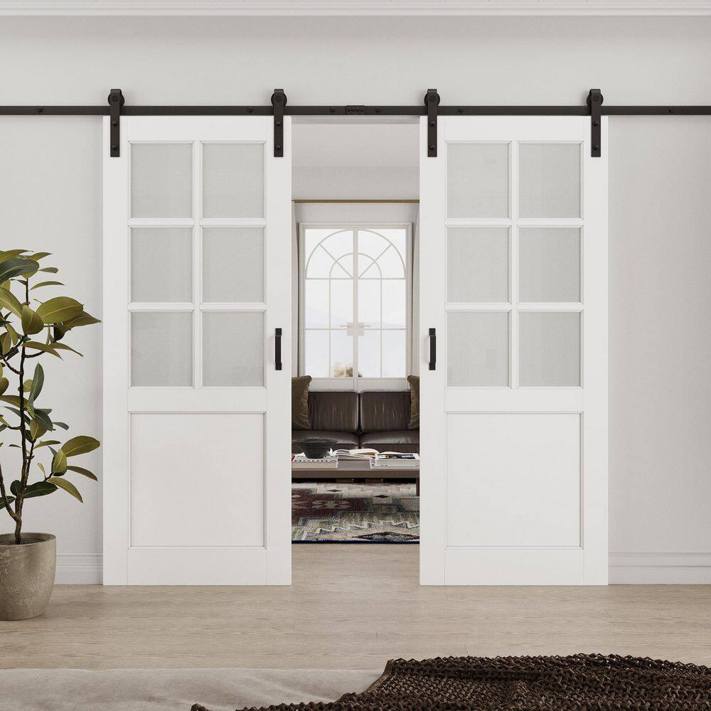 64 in. x 80 in. 6 Lite Tempered Frosted Glass White Primed Solid Core MDF Sliding Barn Door with Hardware Kit price history on PriceWatchPro