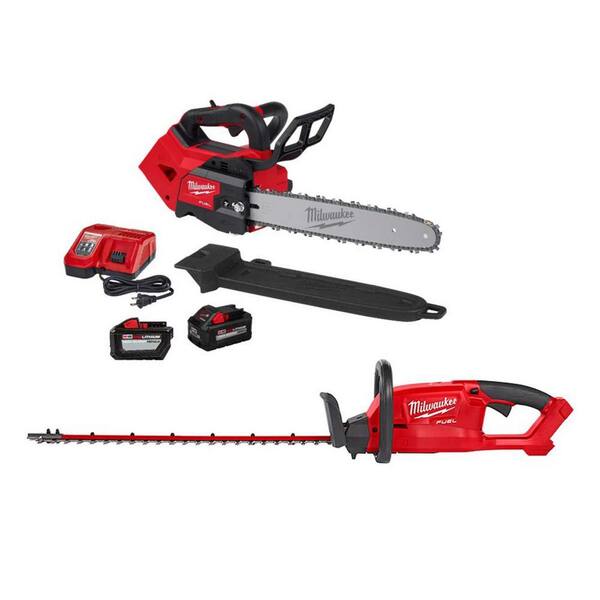 Milwaukee M18 FUEL 14 in. Top Handle 18V Lithium-Ion Brushless Cordless Chainsaw with 24 in. Hedge Trimmer 8.0 Ah, 12.0 Ah Battery