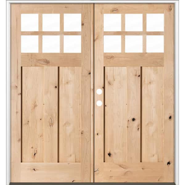 64 in. x 80 in. Craftsman Knotty Alder Right-Hand/Inswing Double 6-Lite Clear Glass Unfinished Wood Prehung Front Door