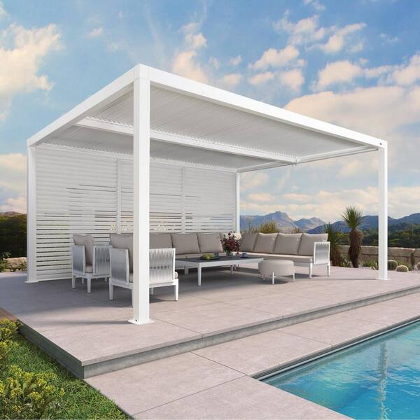 PURPLE LEAF 12 ft. x 16 ft. White Aluminum Louvered Pergola with 2-Adjustable Sunshade Roofs and 1-Long Side Fixed Shutter Wall