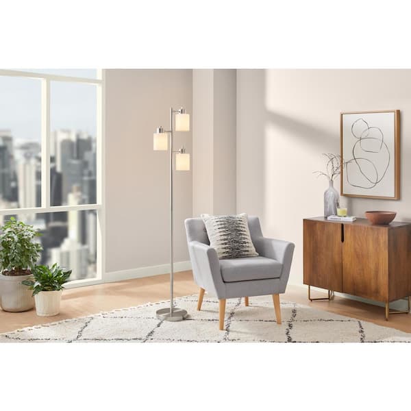 Hampton Bay 65 in. Brushed Nickel Tree Triple Floor Lamp w/Whit Plastic Shade