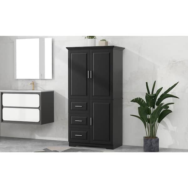 OLUMAT 32.6 in. W x 19.6 in. D x 62.2 in. H Black MDF Linen Cabinet with Three Drawers