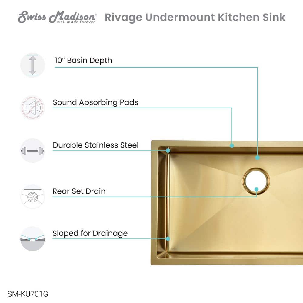 Rivage Gold Stainless Steel Single Basin Undermount Kitchen Sink
