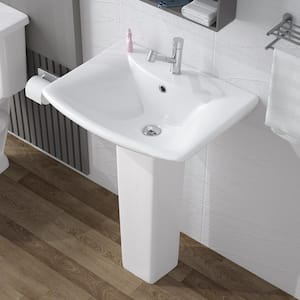 Pedestal Sink White Vitreous China Rectangular Pedestal Bathroom Vessel Sink with Overflow 1 Faucet Hole Combo Sink