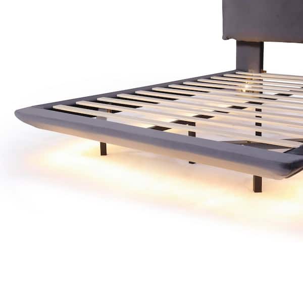 Gray Wood Frame Queen Size Platform Bed with Sensor Light and 2 Large Backrests, 2 sets of USB Port and Socket