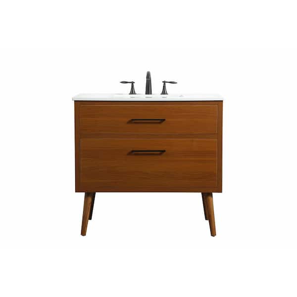 Unbranded Simply Living 36 in. W x 22 in. D x 33.5 in. H Bath Vanity in Teak with Ivory White Engineered Marble Top