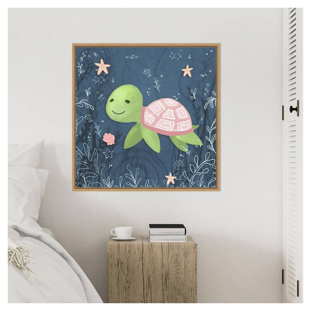 Hartworks Seahorse and Turtle Blue II 30" Canvas Print with Maple Frame