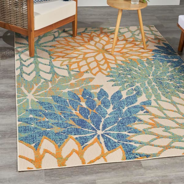 Aloha Blue Green 4 ft. x 6 ft. Floral Contemporary Indoor/Outdoor Area Rug