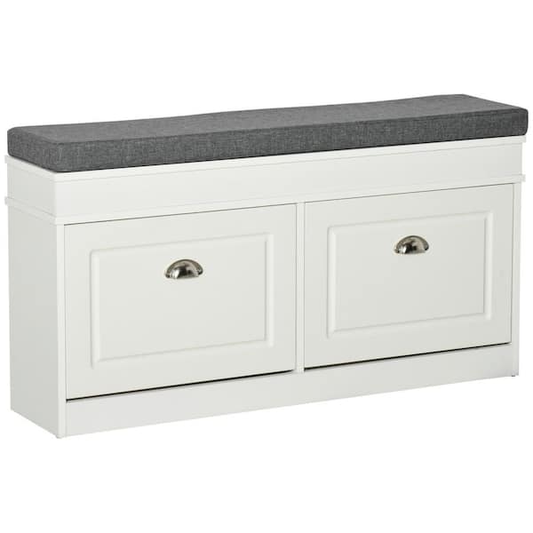 CSC DECOR INC 21.75 in. H x 41 in. W White Particle Board Shoe Storage Bench Entryway Storage Bench Ottoman with Cushion