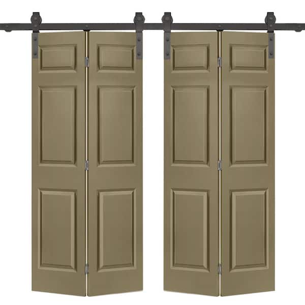 CALHOME 72 in. x 80 in. Hollow Core 6 Panel Olive Green Composite Double Bi-Fold Barn Doors with Sliding Hardware Kit