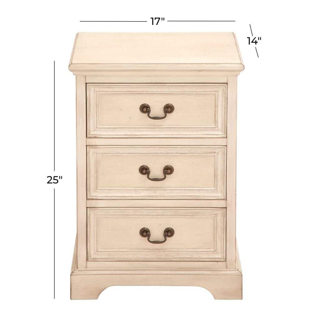 Elegant Cream Solid Wood & Metal 3-Drawer Storage Side Table