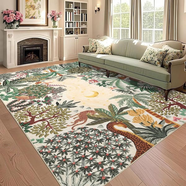 Camel 9 ft. x 12 ft. Jungle Plant Print Rug Machine Washable Ultra-Thin Soft for Bedroom Dining Room Office