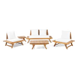 Sedona Teak Brown 5-Piece Wood Patio Conversation Set with White Cushions and Side Table