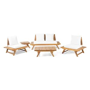 Sedona Teak Brown 5-Piece Wood Outdoor Patio Conversation Set with White Cushions and Side Table