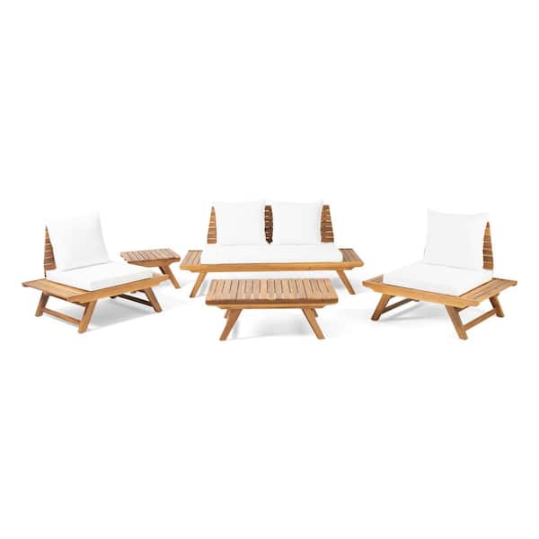 Sedona Teak Brown 5-Piece Wood Outdoor Patio Conversation Set with White Cushions and Side Table