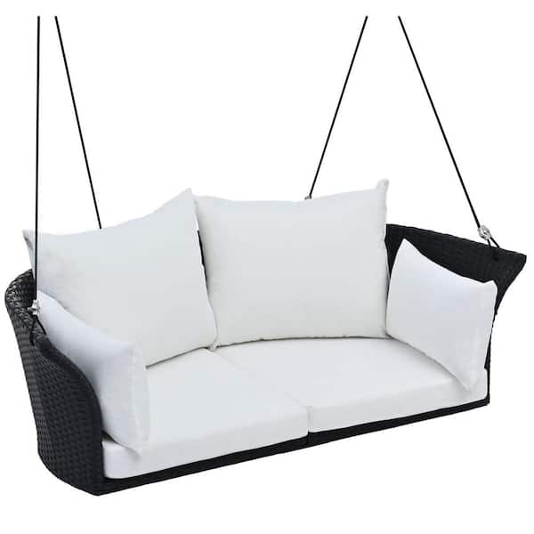 Unbranded 51.9 in. 2-Person Black Wicker Porch Swing with Cushions and Pillows